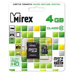 Карта памяти microSDHC MIREX 4GB class 10 (13613-AD10SD04) + SD adapter