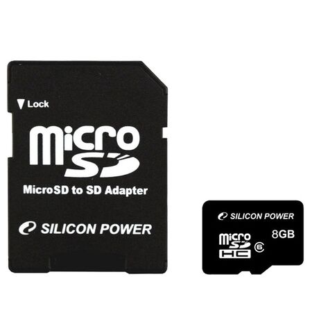 Карта памяти Silicon Power MicroSDHC 8GB Class 6 + SD Adapter (SP008GBSTH006V10-SP)