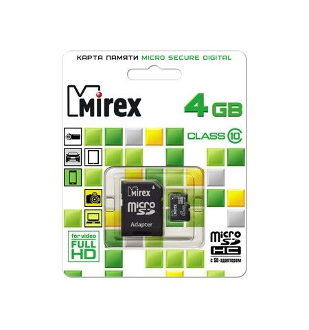 Карта памяти microSDHC MIREX 4GB class 10 (13613-AD10SD04) + SD adapter