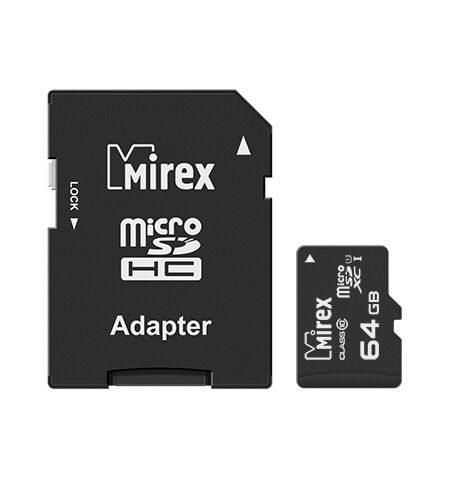 Карта памяти Mirex microSDHC 64GB Class 10 UHS-I U1 + SD Adapter (13613-AD10SD64)
