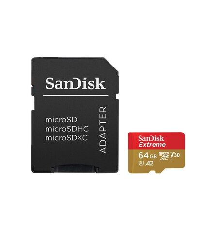 Карта памяти SanDisk Extreme microSDXC 64GB Class10 UHS-I U3 V30 A2 with SD Adapter (SDSQXA2-064G-GN6MA)
