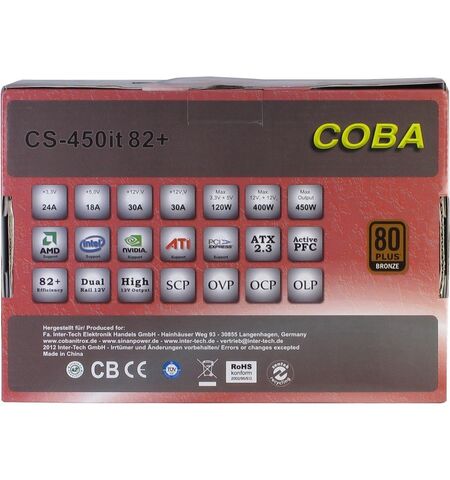 Блок питания Inter-Tech COBA CS-450it 82+ 450W, 4-е