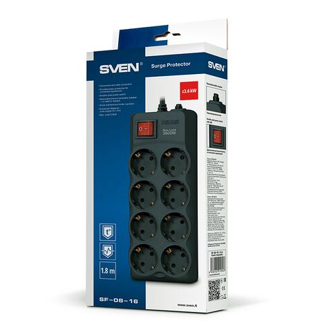 Сетевой фильтр SVEN SF-08-16 Black (8 розеток 1.8 м), 6-е